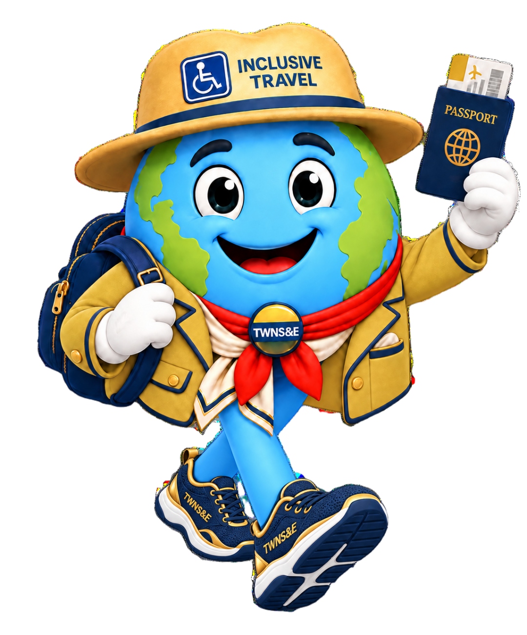 Boley, the Travel With Naydu mascot: a friendly globe character in a safari hat marked Inclusive Travel, holding a passport